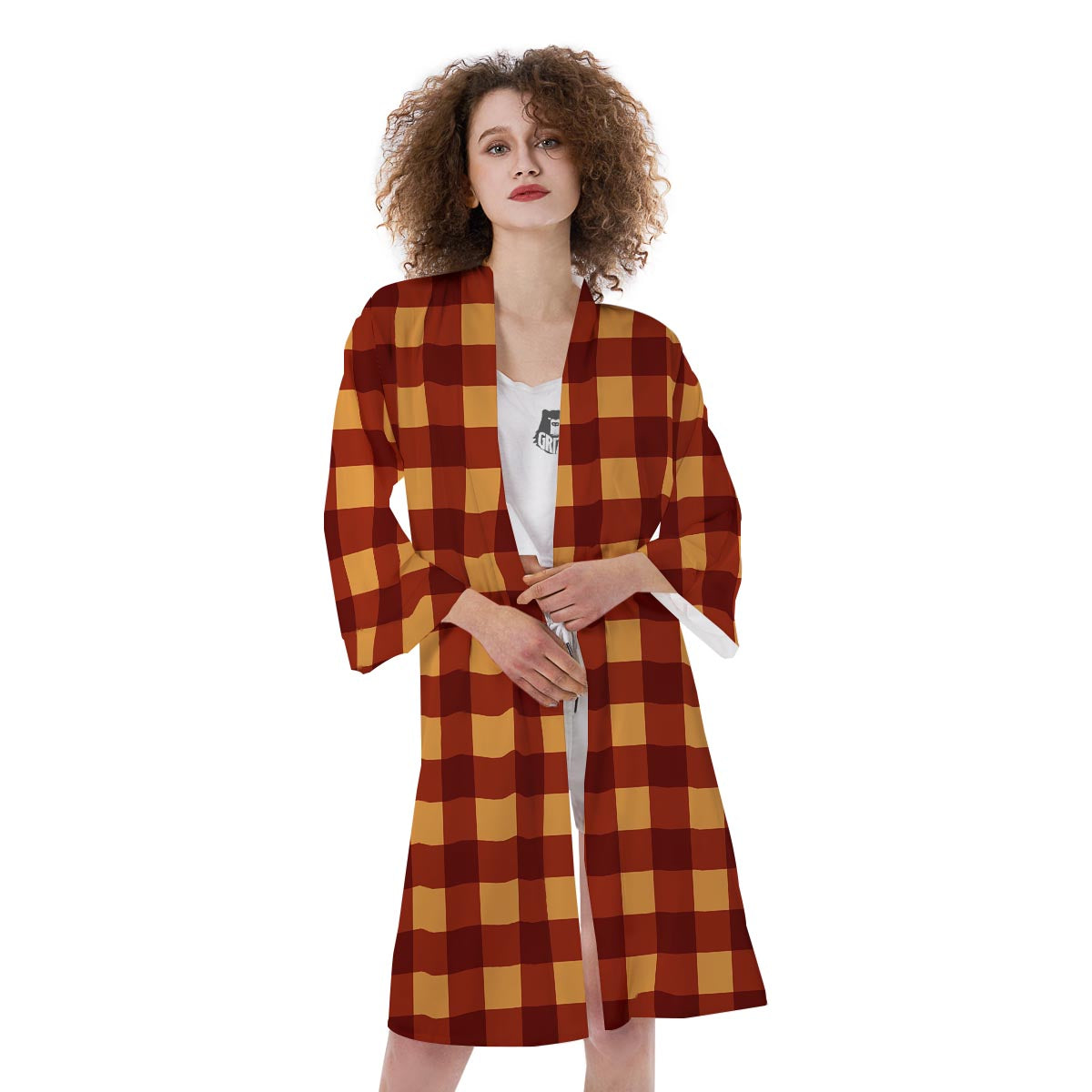 Check Yellow And Red Print Pattern Kimono-grizzshop