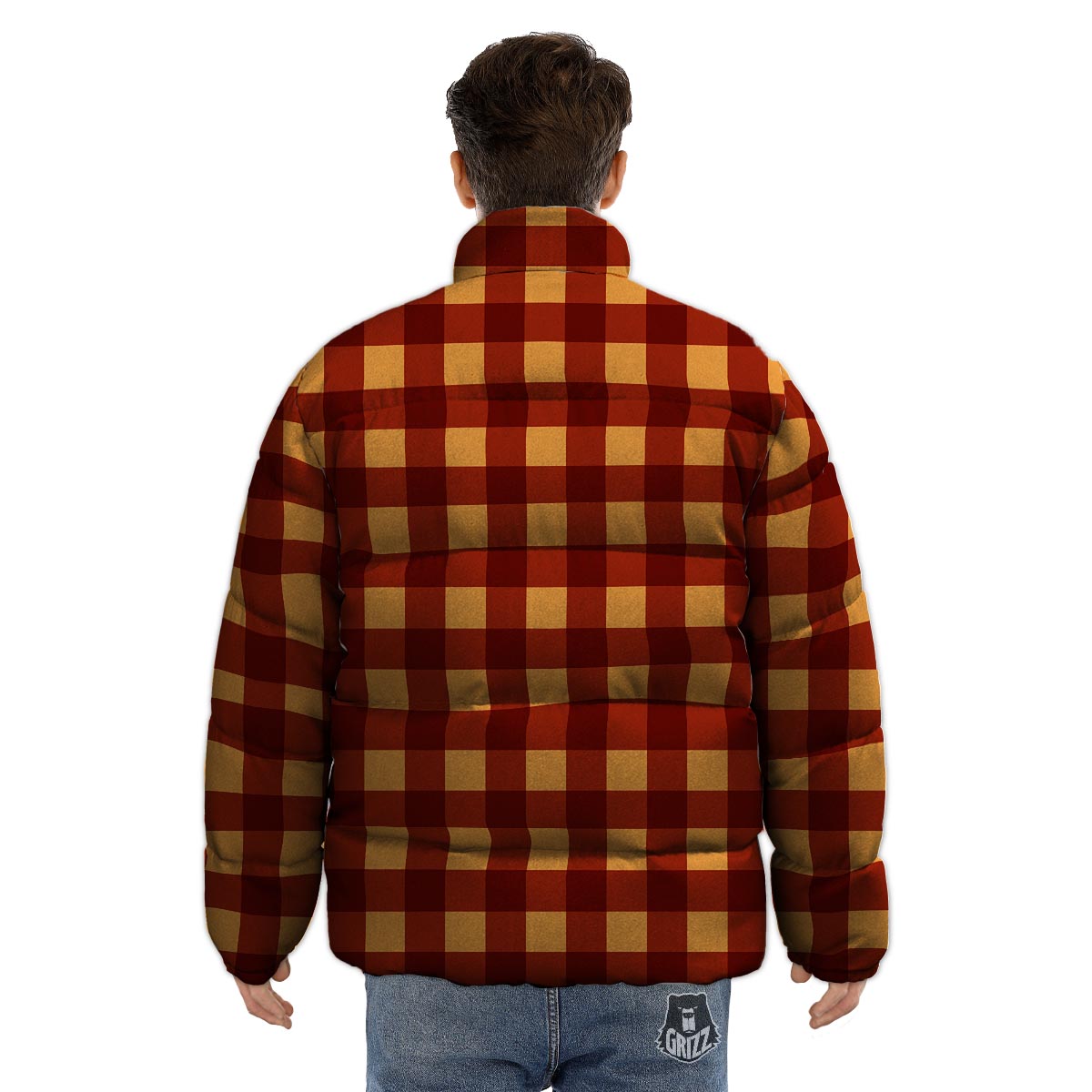 Check Yellow And Red Print Pattern Puffer Jacket-grizzshop