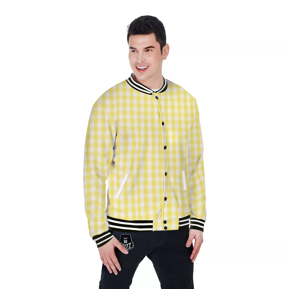 Check Yellow And White Print Pattern Baseball Jacket-grizzshop