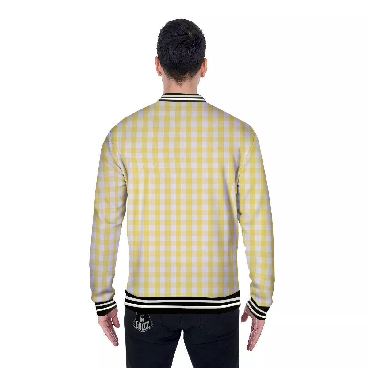 Check Yellow And White Print Pattern Baseball Jacket-grizzshop