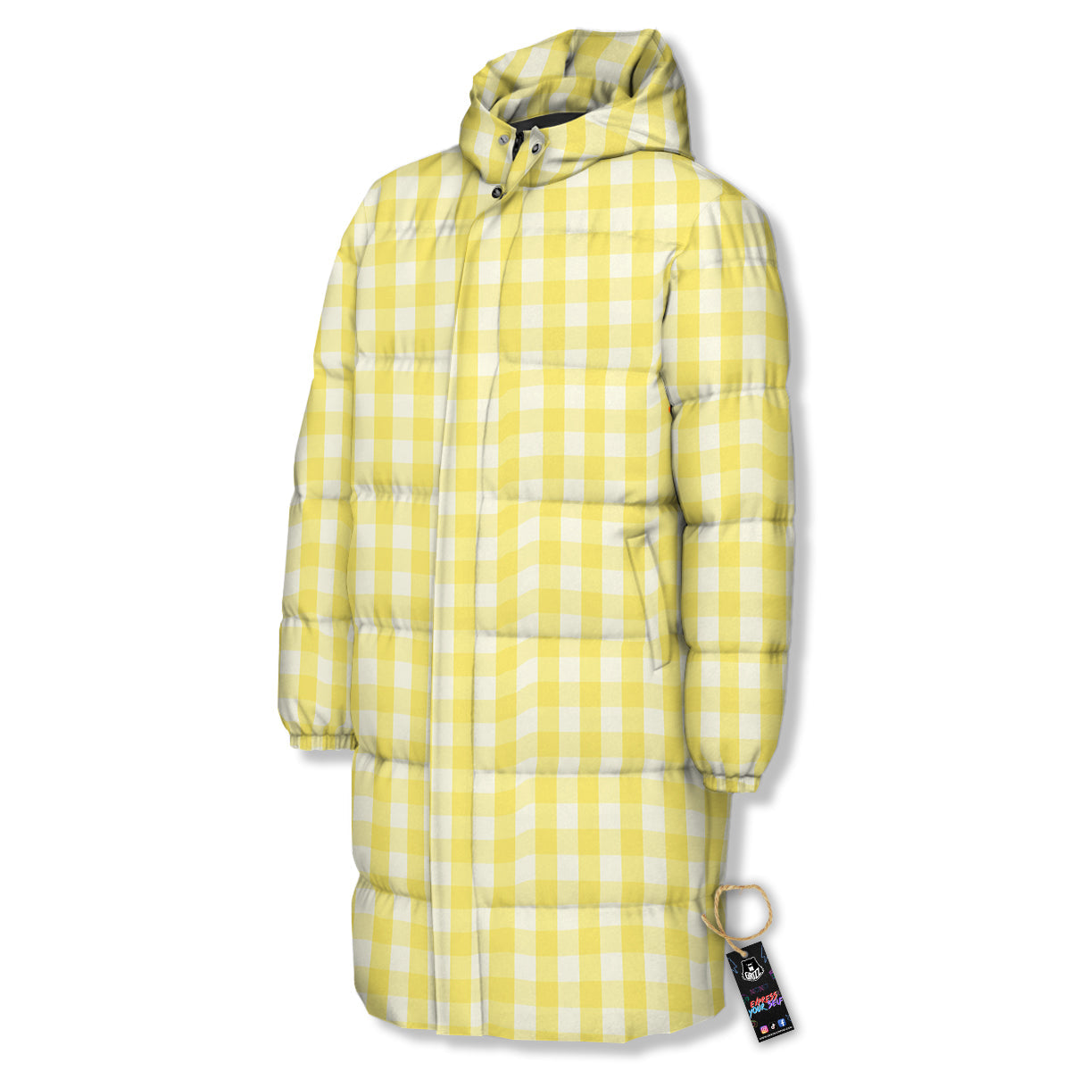 Check Yellow And White Print Pattern Long Down Jacket-grizzshop