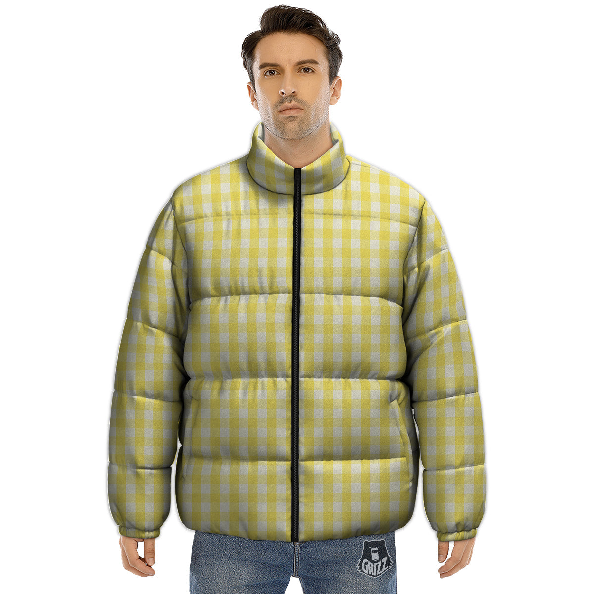 Check Yellow And White Print Pattern Puffer Jacket-grizzshop