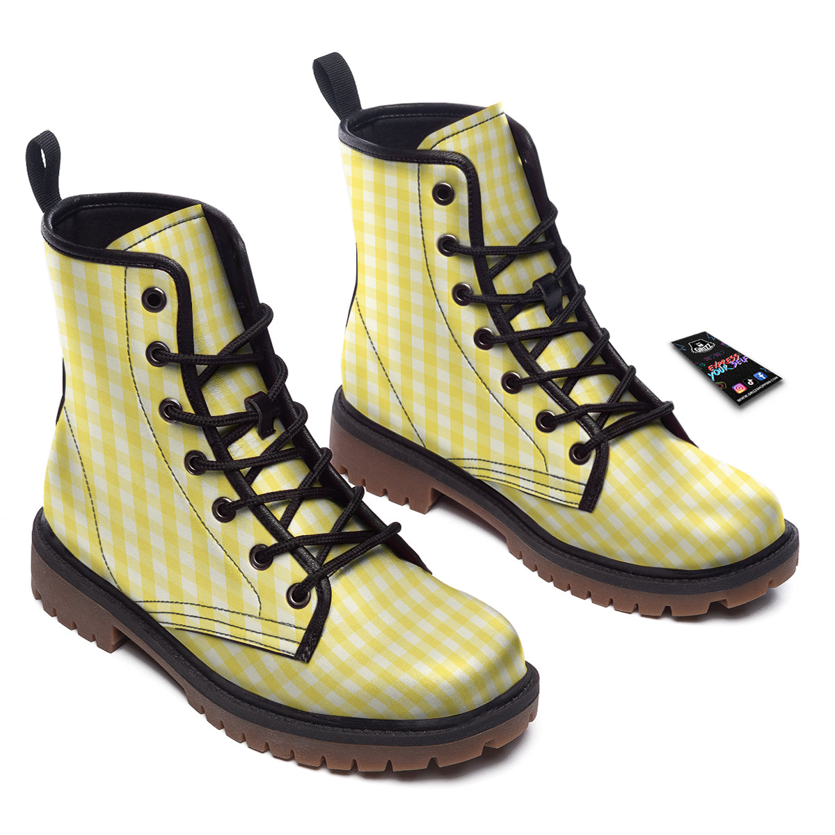 Check Yellow And White Print Pattern Work Boots-grizzshop