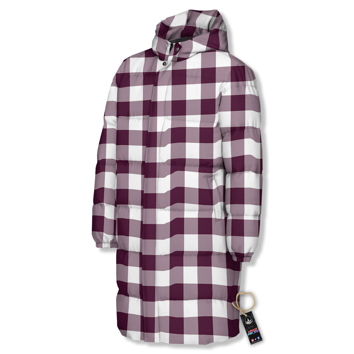 Check White And Burgundy Print Pattern Long Down Jacket