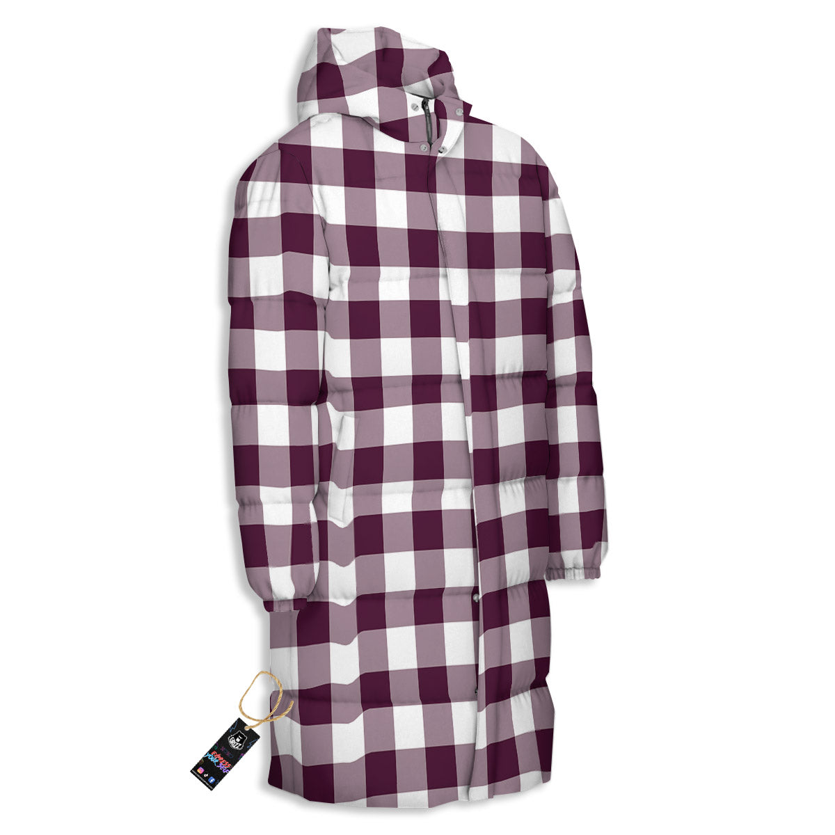Check White And Burgundy Print Pattern Long Down Jacket
