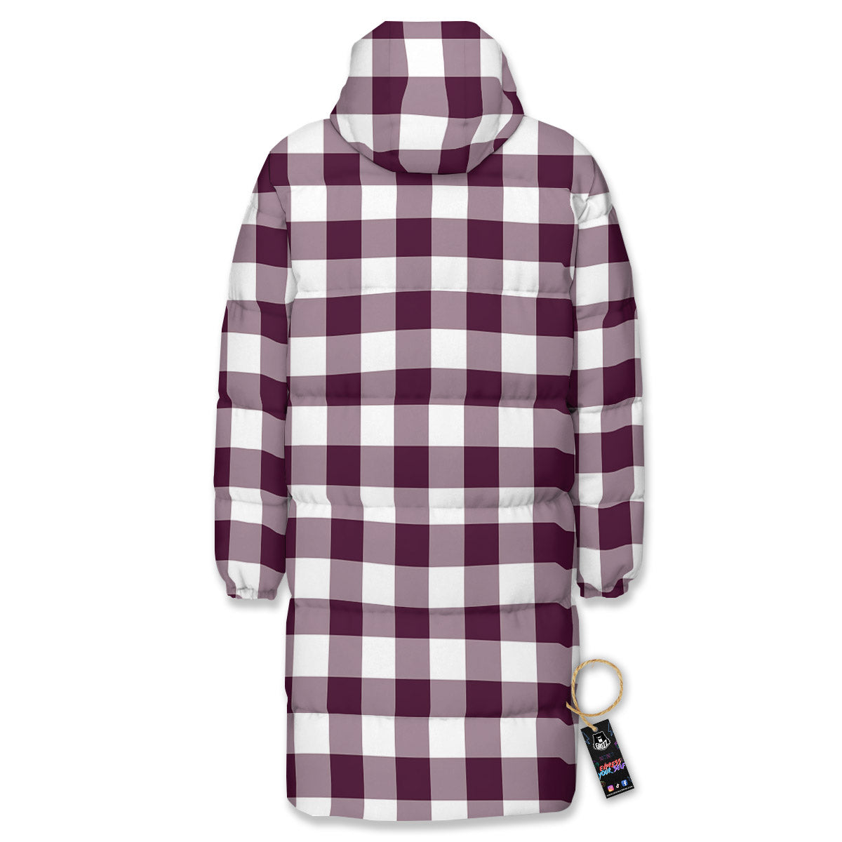Check White And Burgundy Print Pattern Long Down Jacket