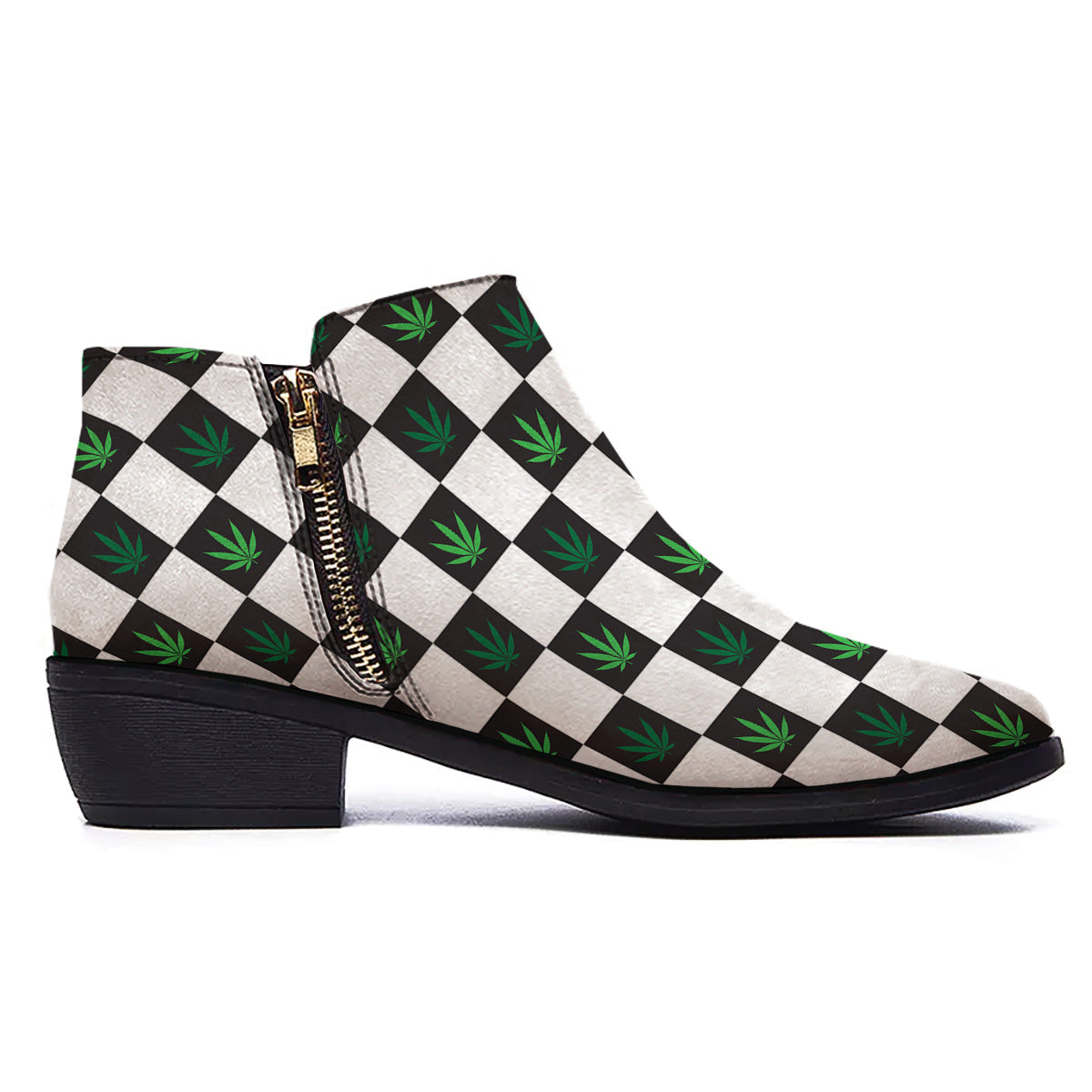 Checked Green Weed Print Pattern Ankle Boots-grizzshop