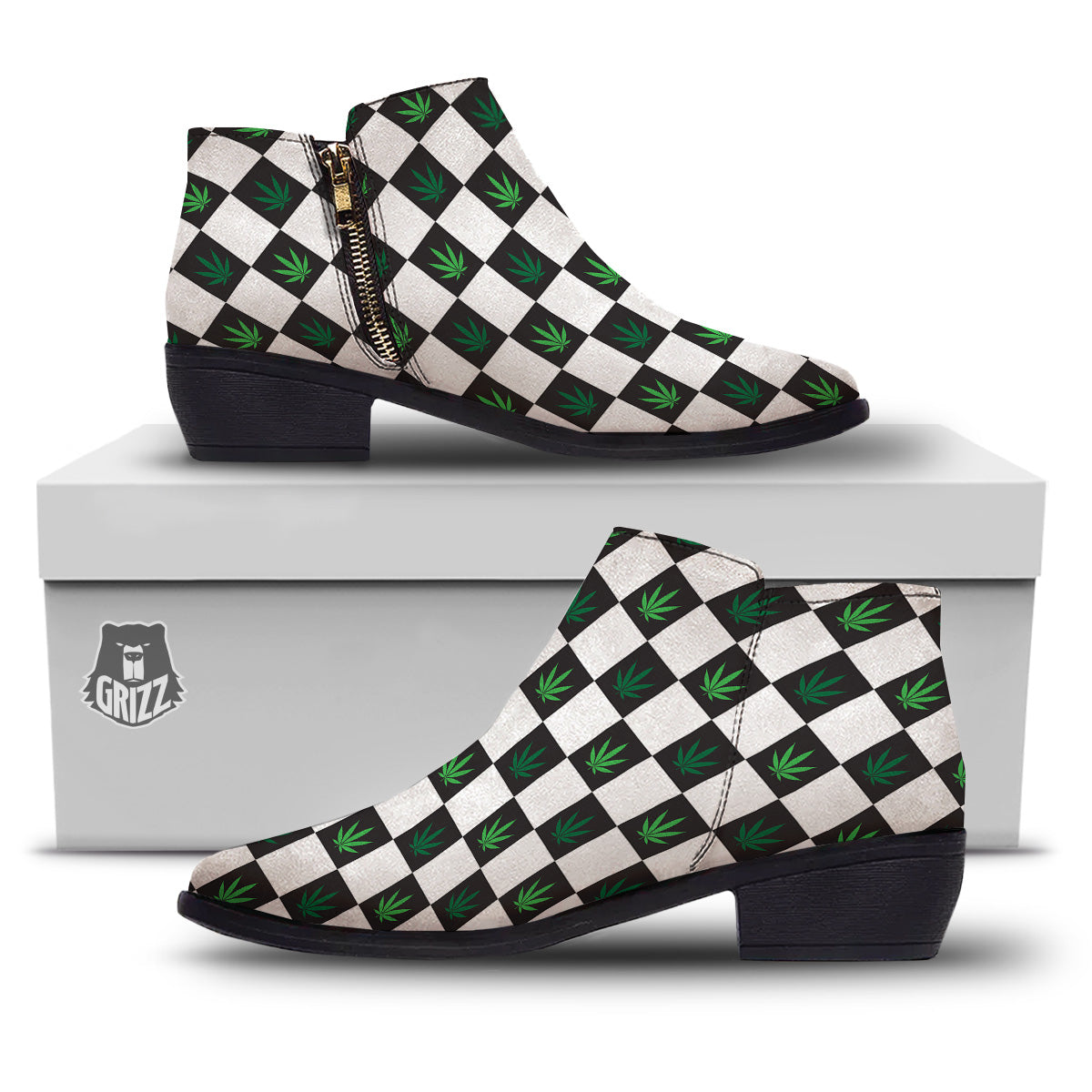 Checked Green Weed Print Pattern Ankle Boots-grizzshop