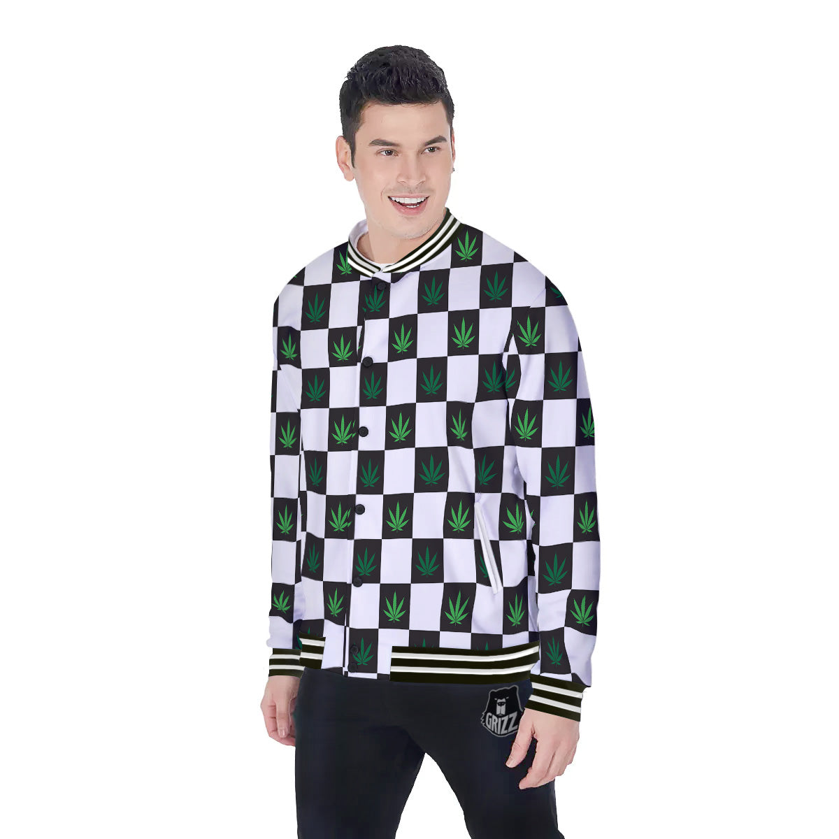 Checked Green Weed Print Pattern Baseball Jacket-grizzshop