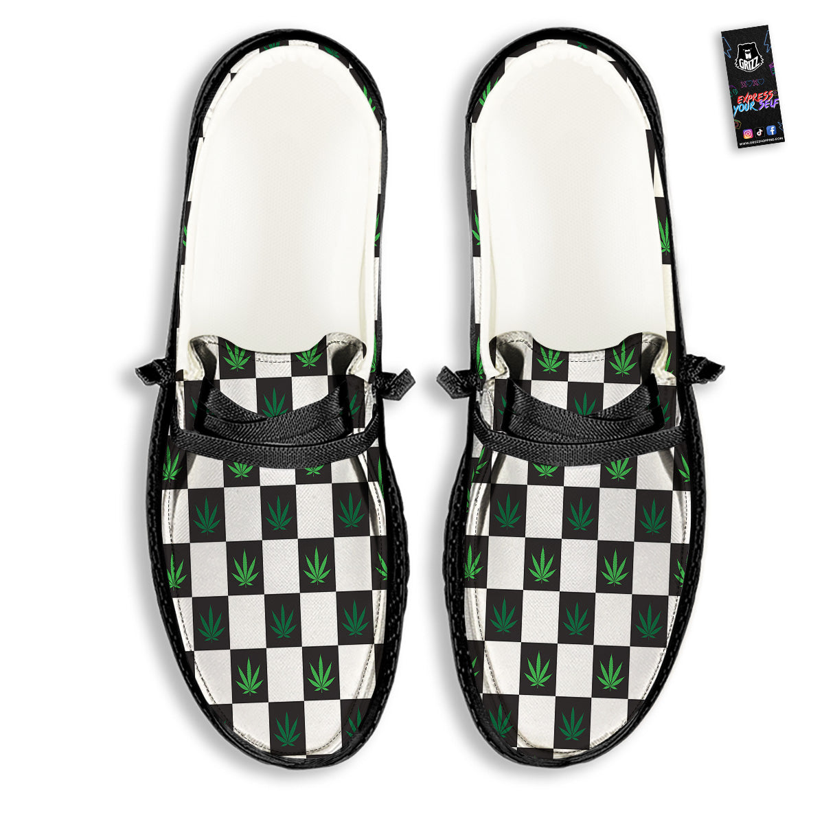 Checked Green Weed Print Pattern Black Loafers-grizzshop