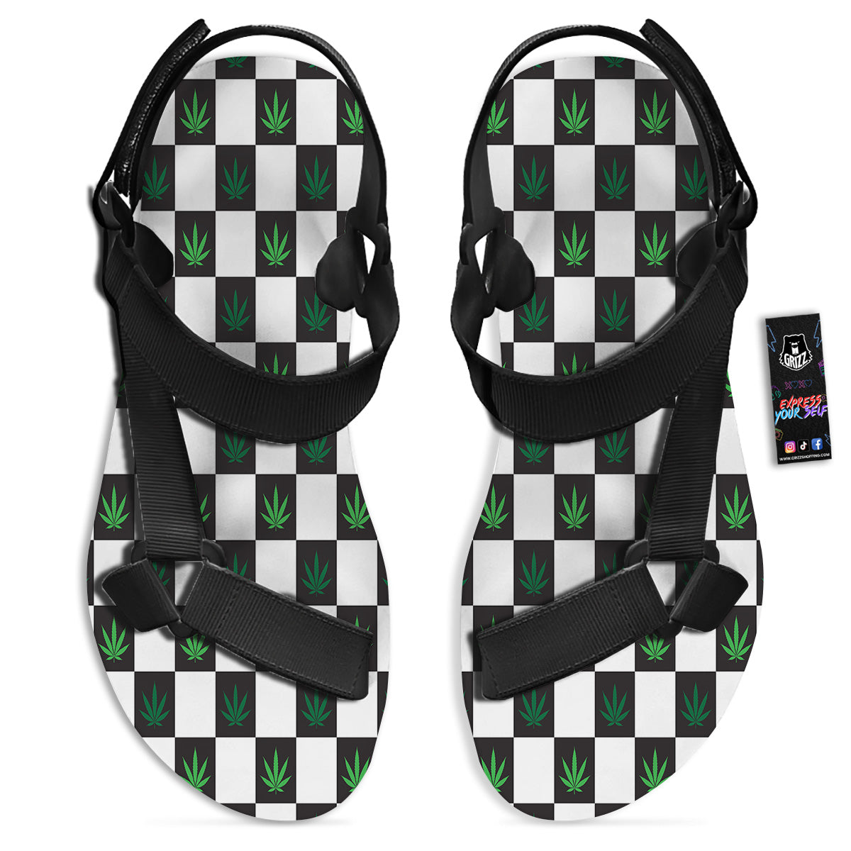 Checked Green Weed Print Pattern Black Open Toe Sandals-grizzshop