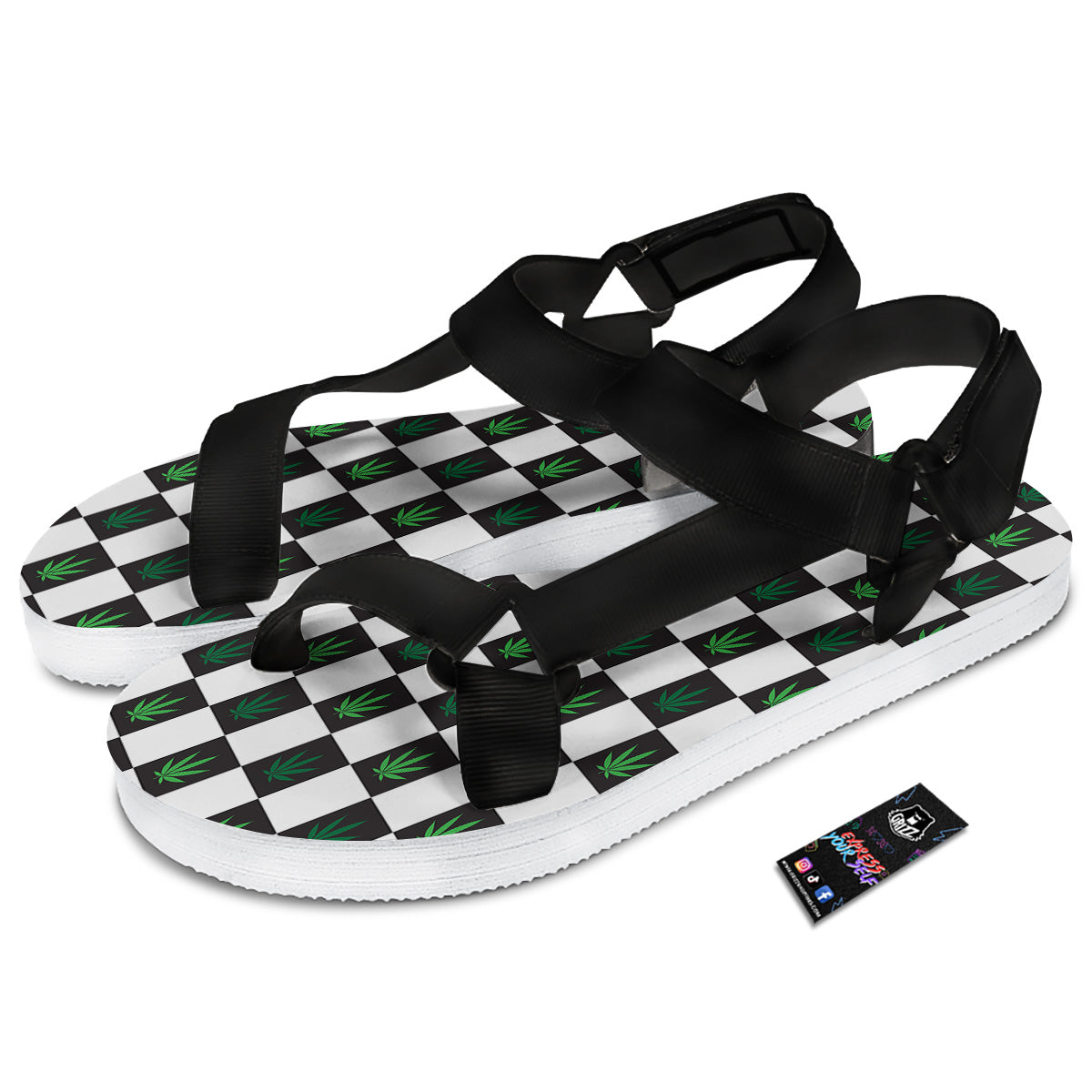 Checked Green Weed Print Pattern Black Open Toe Sandals-grizzshop