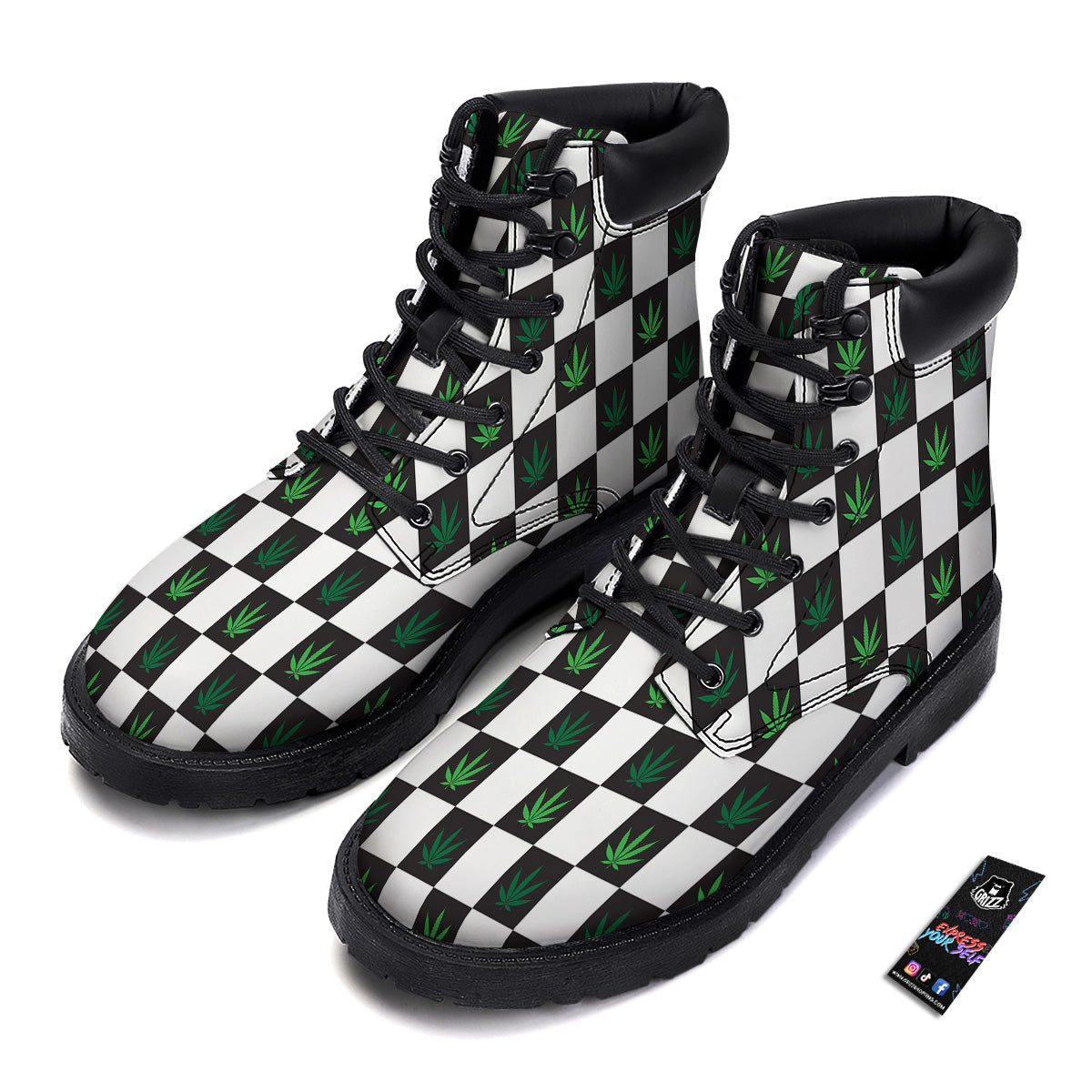 Checked Green Weed Print Pattern Boots-grizzshop