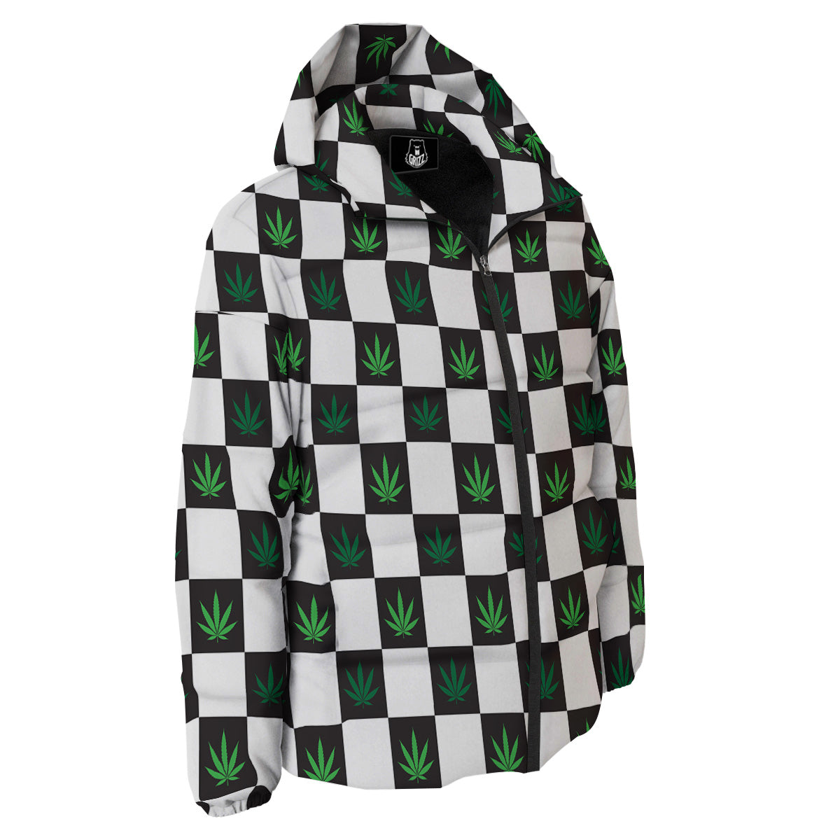 Checked Green Weed Print Pattern Down Jacket-grizzshop
