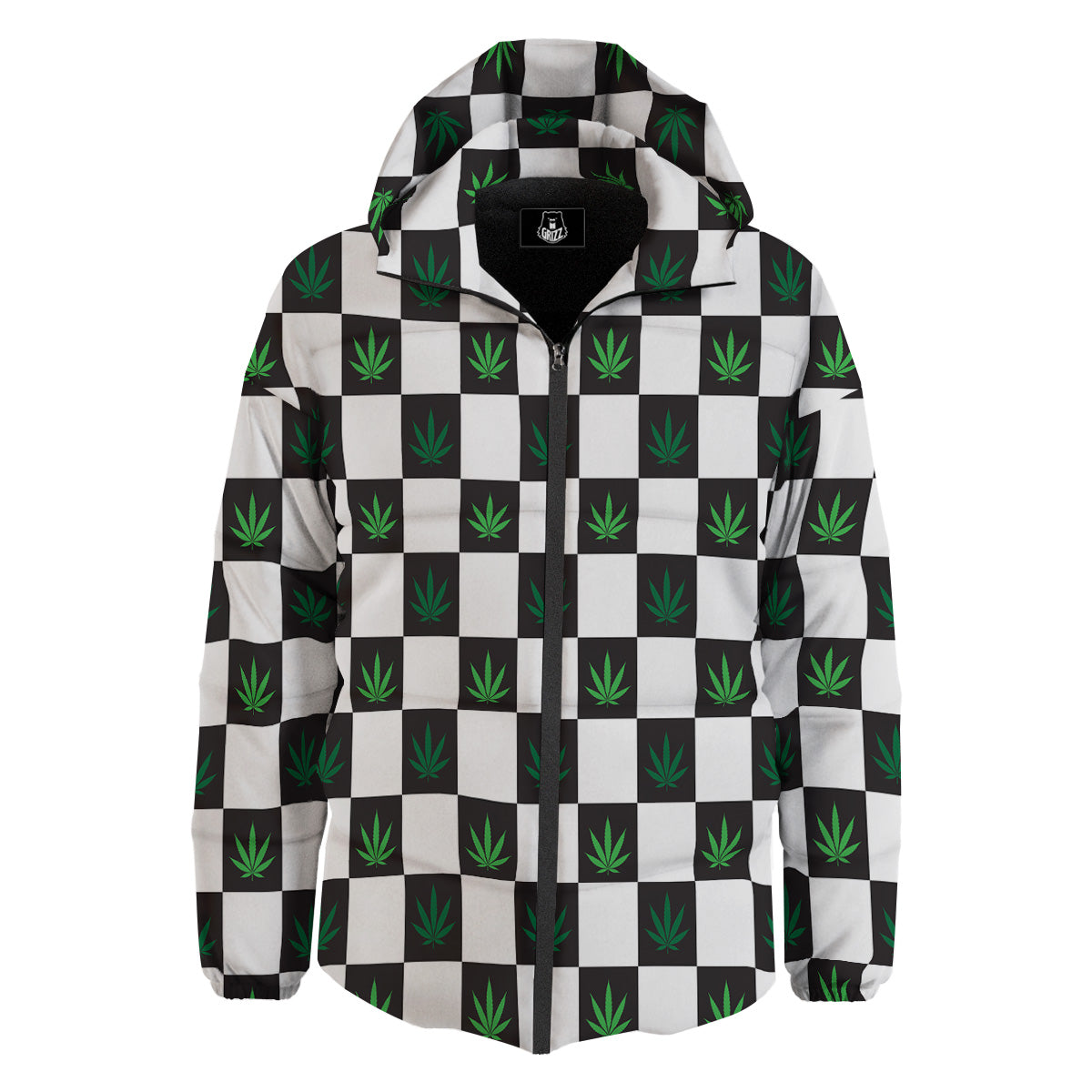 Checked Green Weed Print Pattern Down Jacket-grizzshop