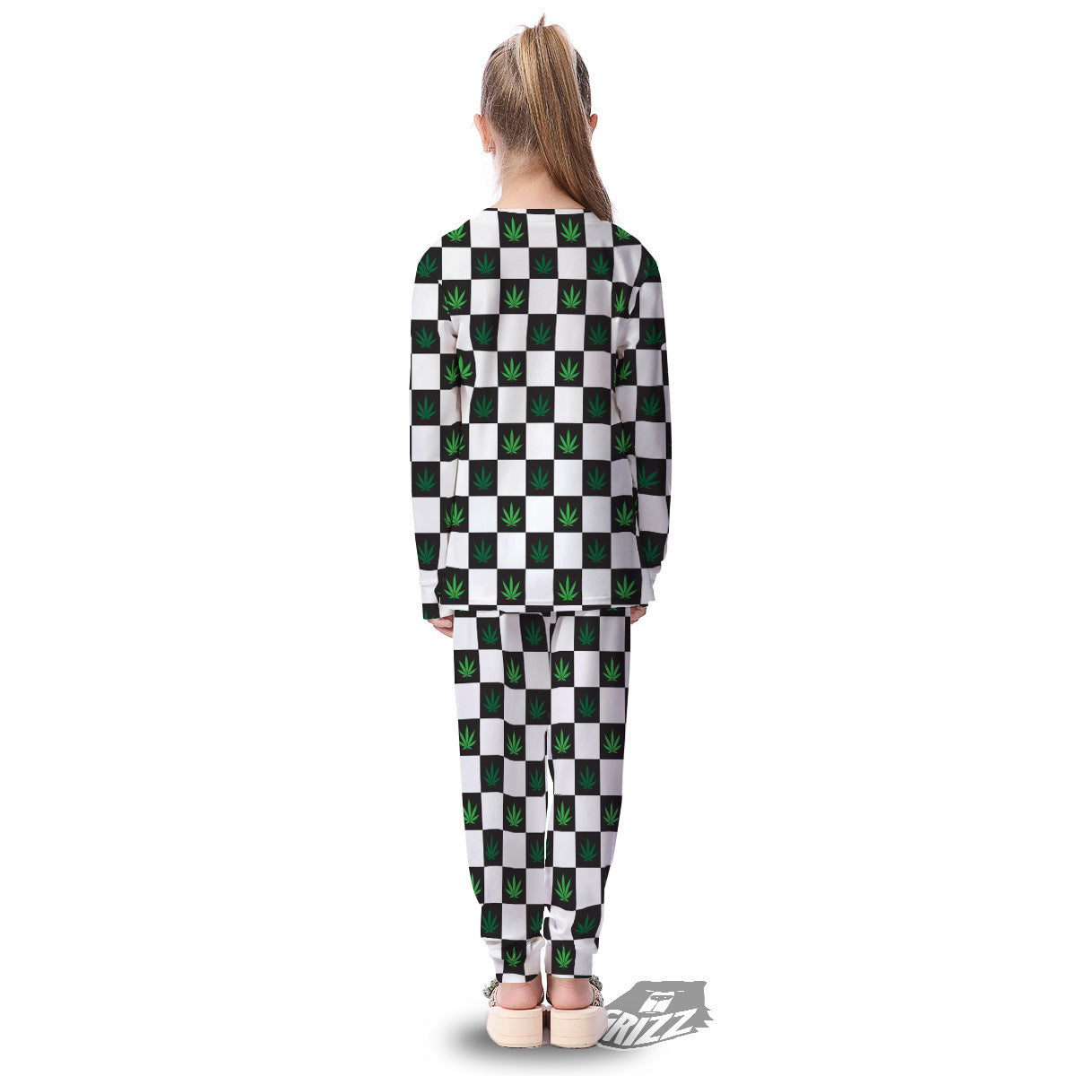 Checked Green Weed Print Pattern Kid's Pajamas-grizzshop