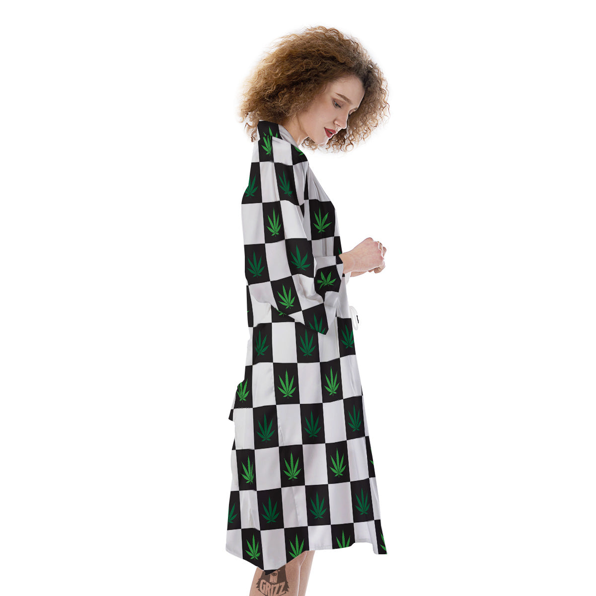 Checked Green Weed Print Pattern Kimono-grizzshop