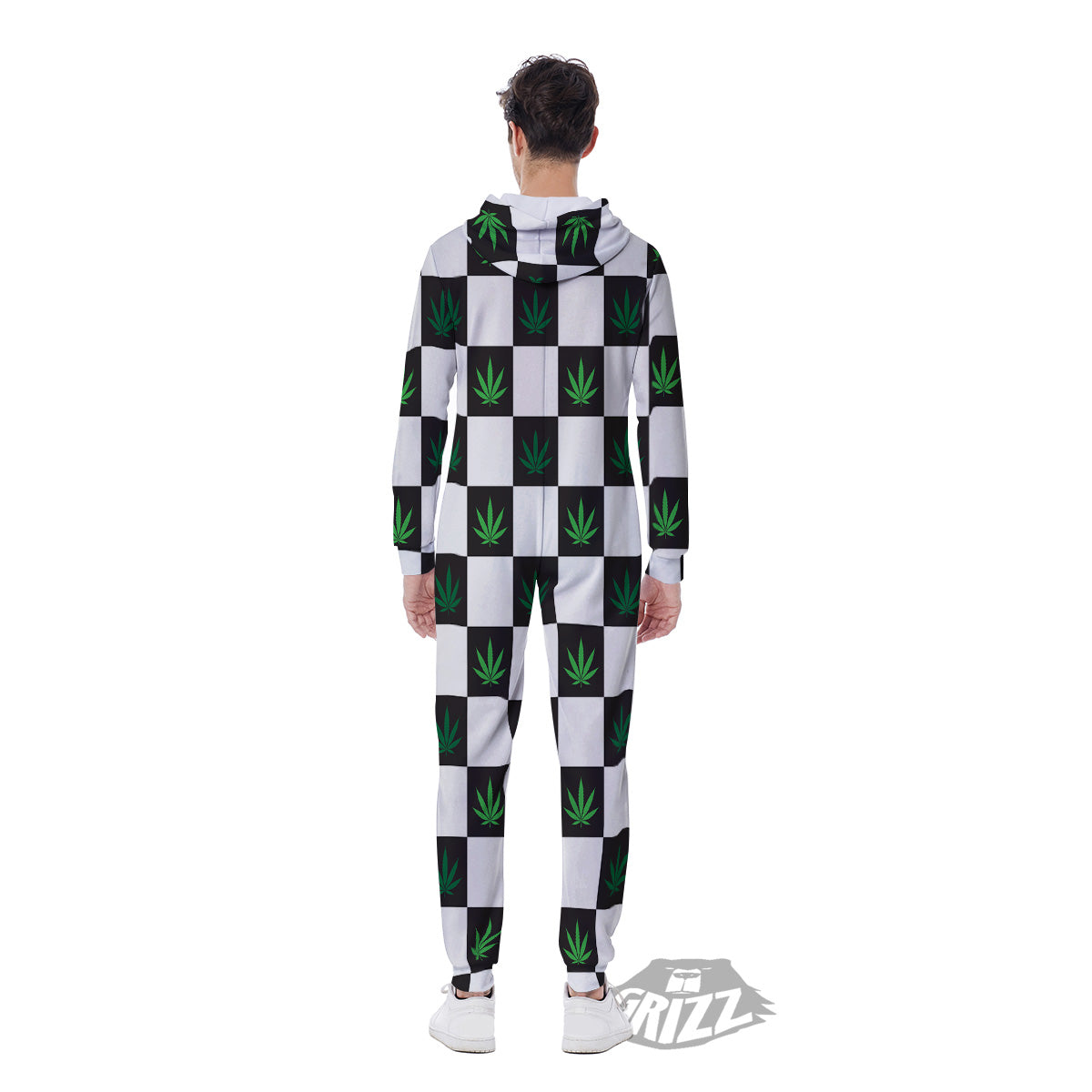 Checked Green Weed Print Pattern Men's Jumpsuit-grizzshop