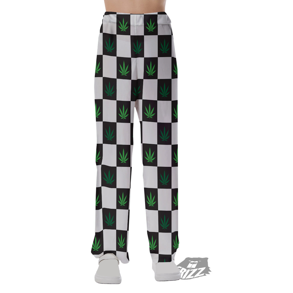 Checked Green Weed Print Pattern Pajama Pants-grizzshop