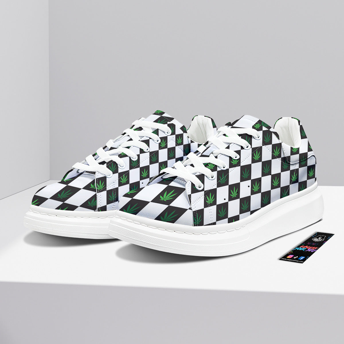 Checked Green Weed Print Pattern Platform Shoes-grizzshop