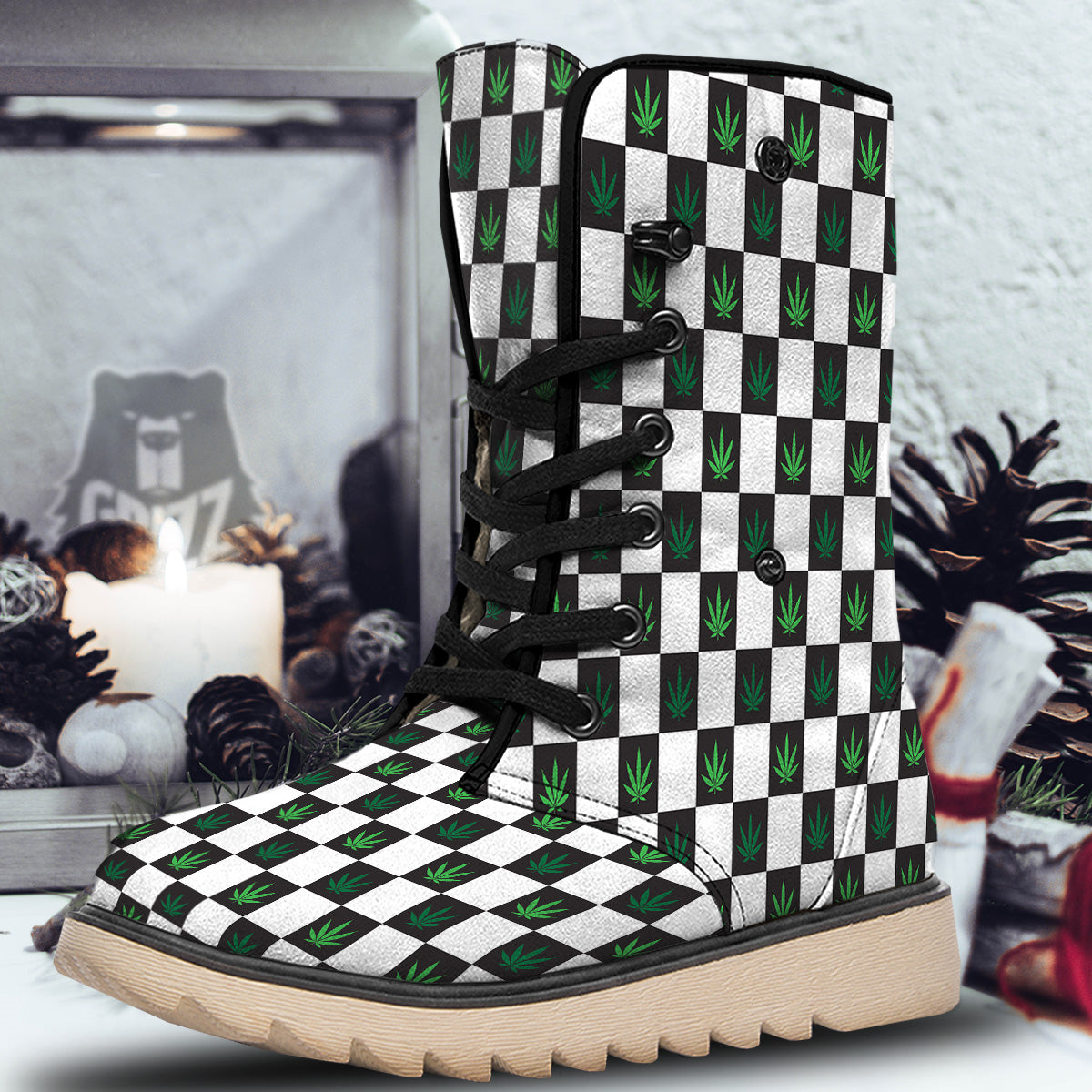 Checked Green Weed Print Pattern Snow Boots-grizzshop
