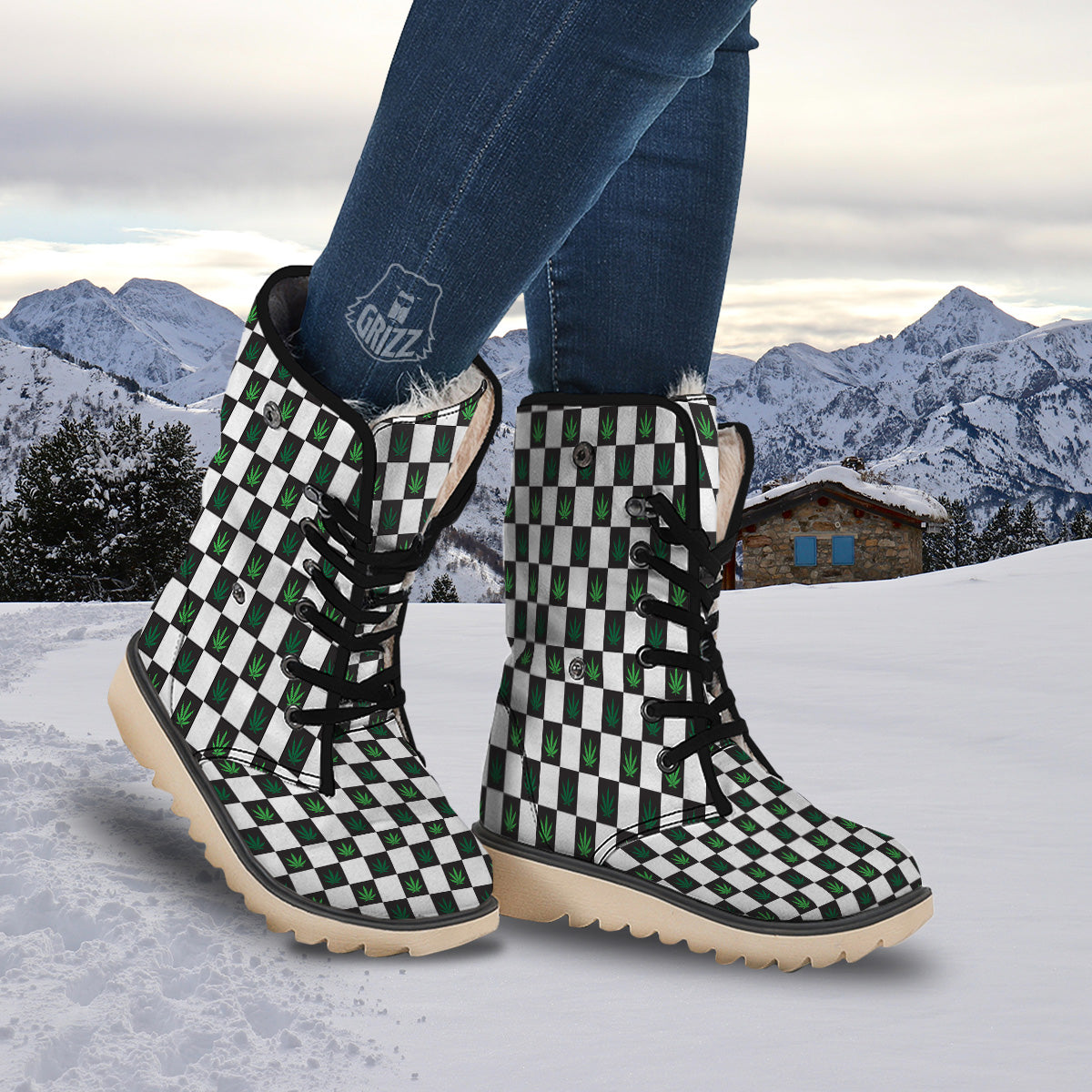 Checked Green Weed Print Pattern Snow Boots-grizzshop