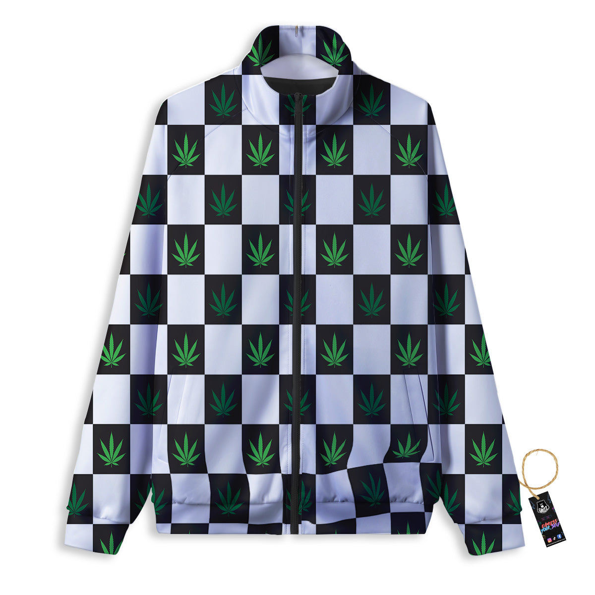 Checked Green Weed Print Pattern Track Jacket-grizzshop