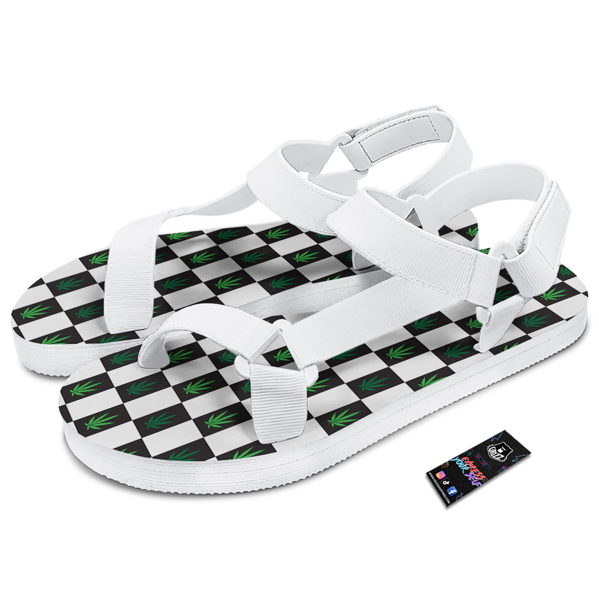 Checked Green Weed Print Pattern White Open Toe Sandals-grizzshop