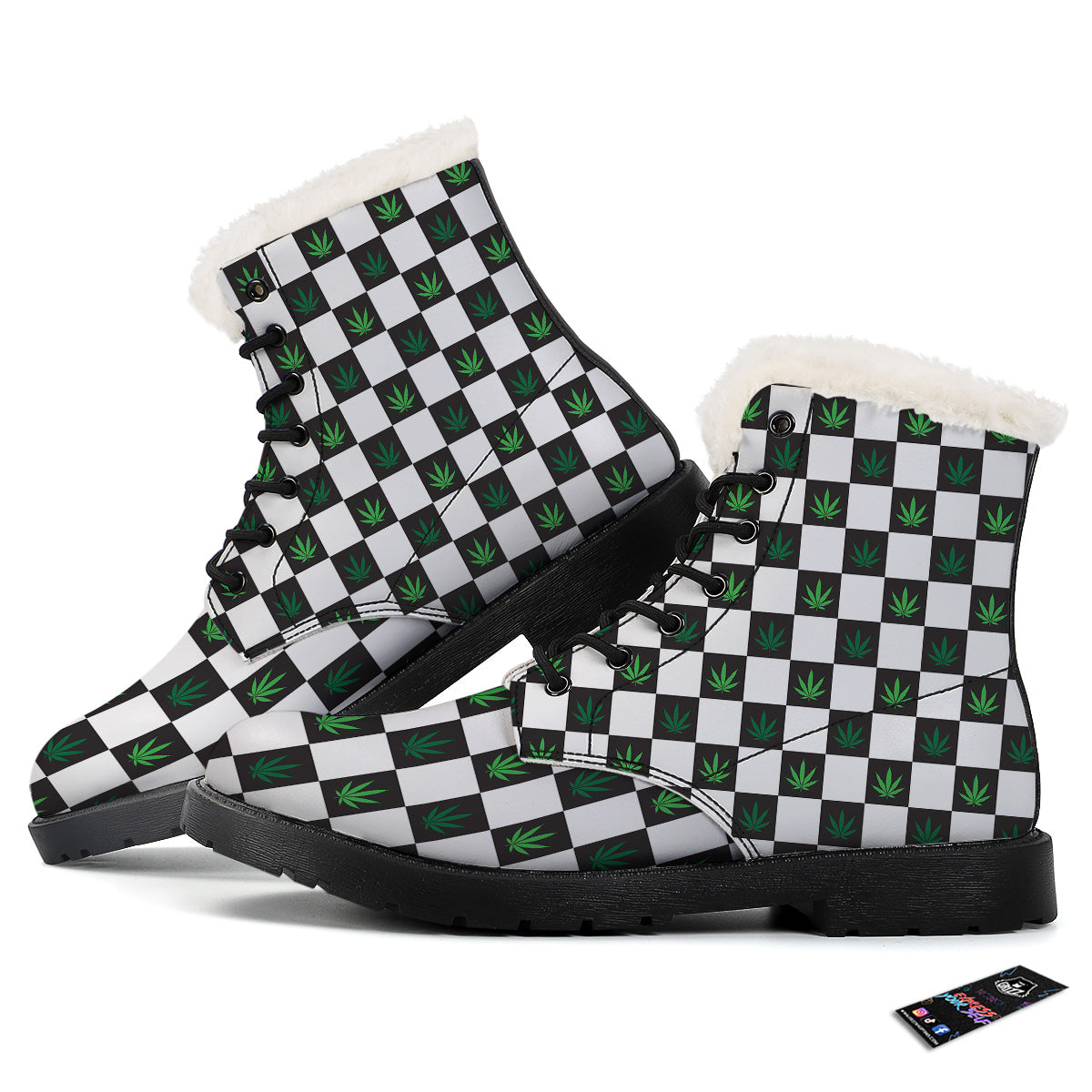 Checked Green Weed Print Pattern Winter Boots-grizzshop