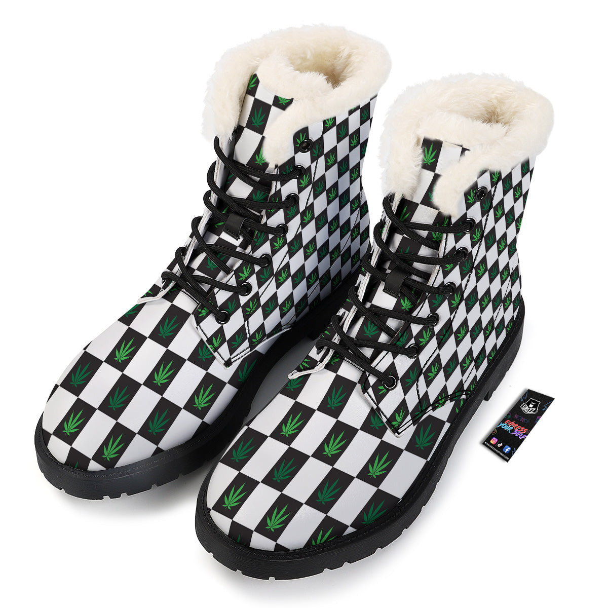 Checked Green Weed Print Pattern Winter Boots-grizzshop