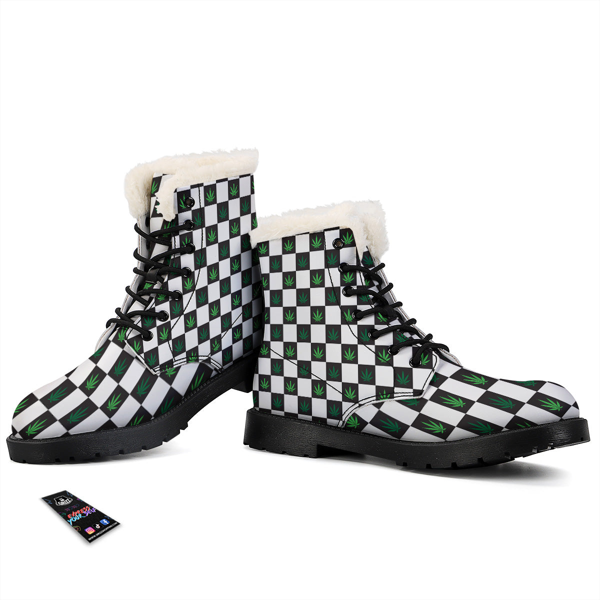Checked Green Weed Print Pattern Winter Boots-grizzshop