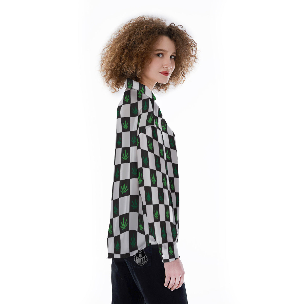 Checked Green Weed Print Pattern Women's Long Sleeve Shirts-grizzshop