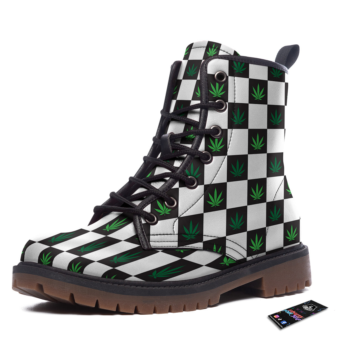Checked Green Weed Print Pattern Work Boots-grizzshop