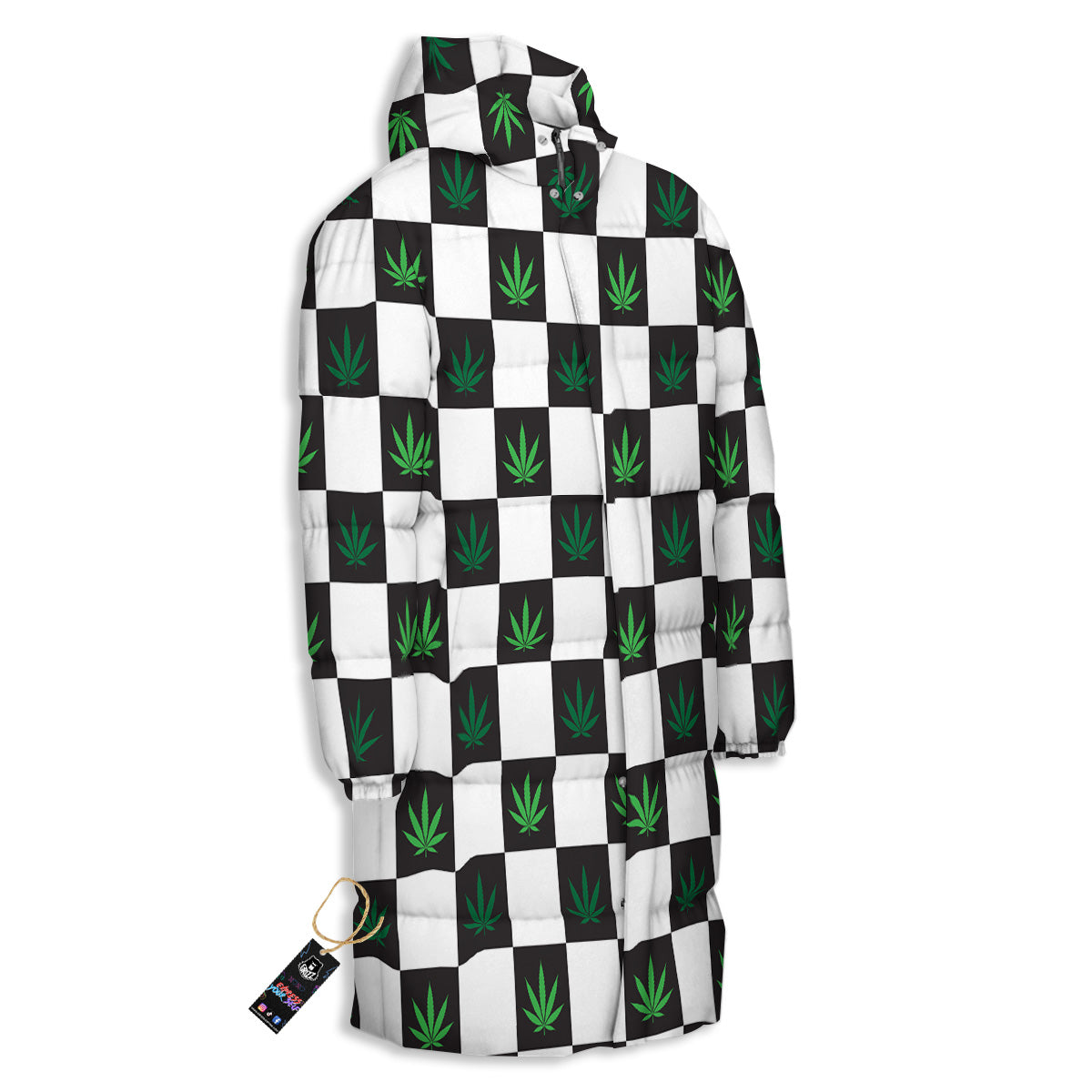 Checked Green Weed Print Pattern Long Down Jacket