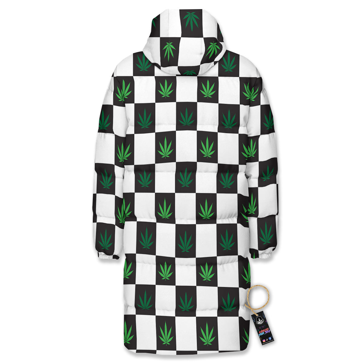 Checked Green Weed Print Pattern Long Down Jacket