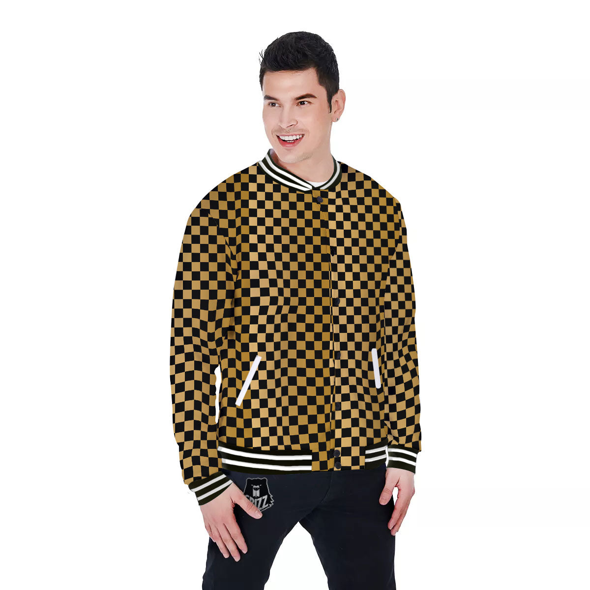 Checkered Black And Gold Print Pattern Baseball Jacket-grizzshop