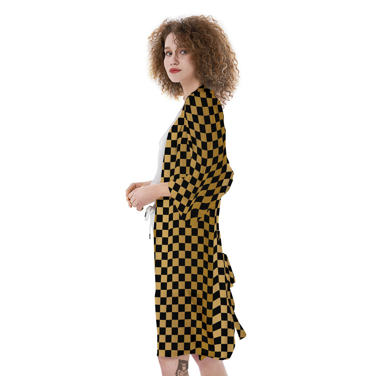 Checkered Black And Gold Print Pattern Kimono-grizzshop