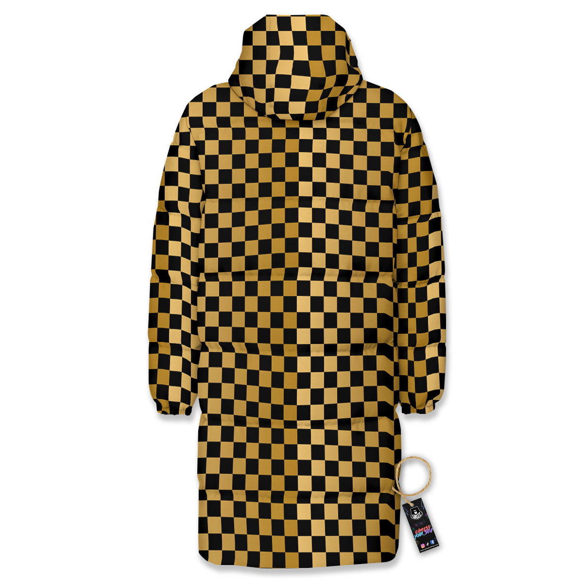 Checkered Black And Gold Print Pattern Long Down Jacket-grizzshop