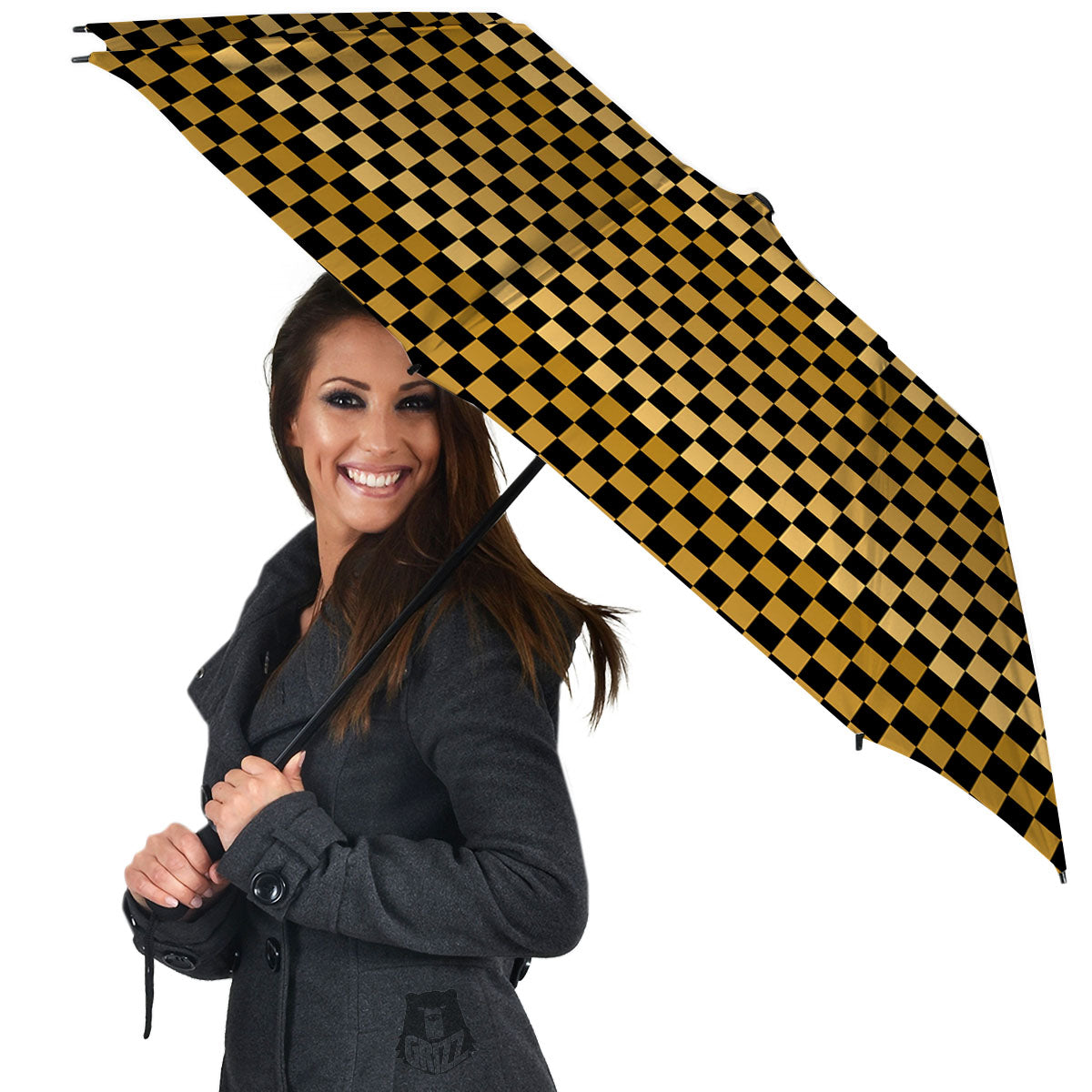 Checkered Black And Gold Print Pattern Umbrella-grizzshop