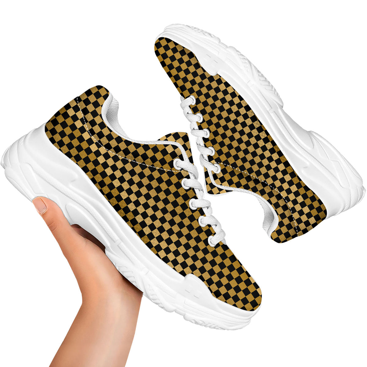 Checkered Black And Gold Print Pattern White Chunky Shoes-grizzshop