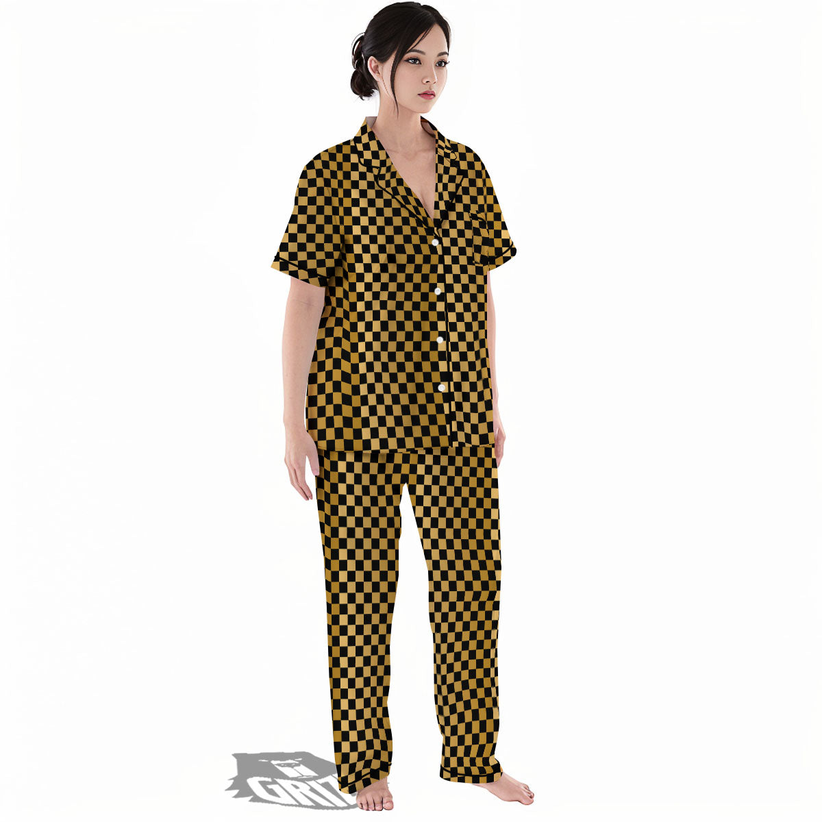 Checkered Black And Gold Print Pattern Women's Pajamas Set-grizzshop