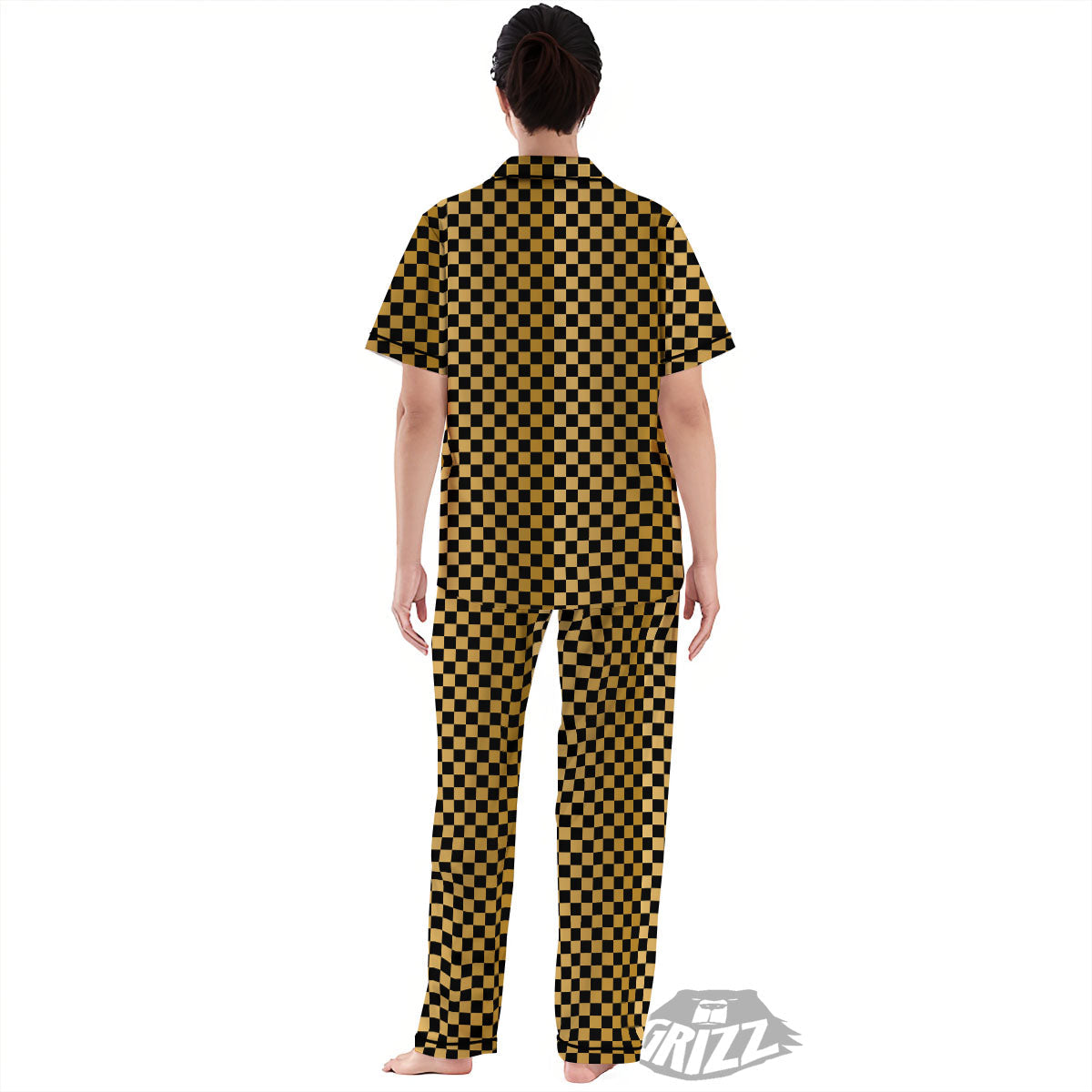 Checkered Black And Gold Print Pattern Women's Pajamas Set-grizzshop