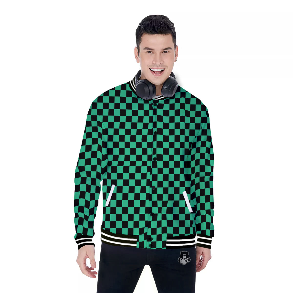 Checkered Black And Green Print Pattern Baseball Jacket-grizzshop