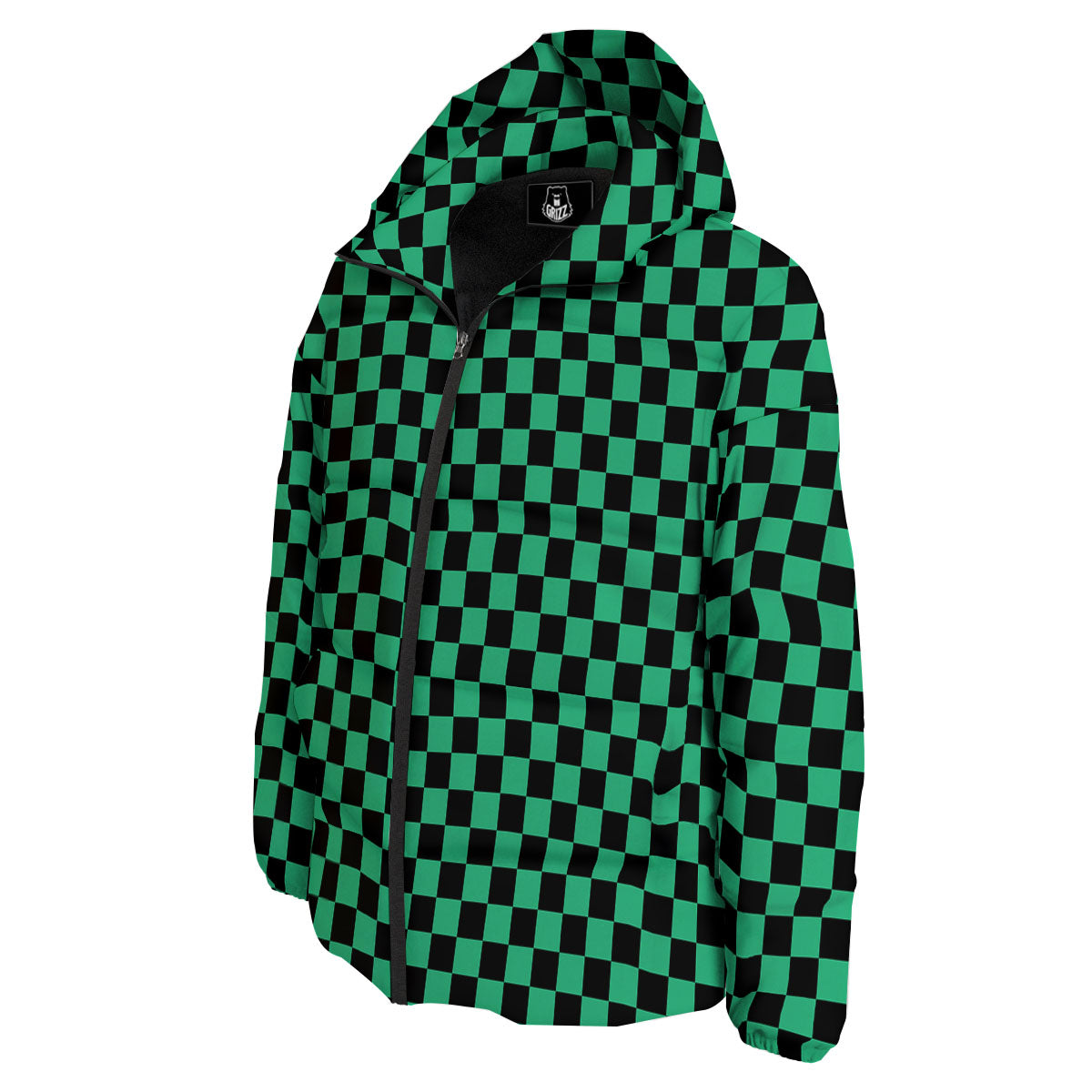 Checkered Black And Green Print Pattern Down Jacket-grizzshop