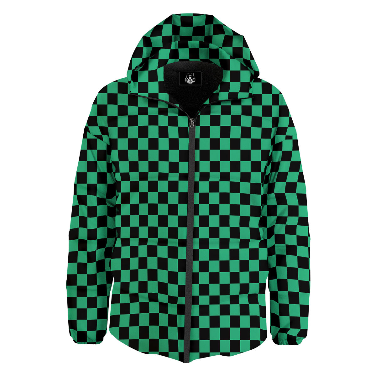 Checkered Black And Green Print Pattern Down Jacket-grizzshop