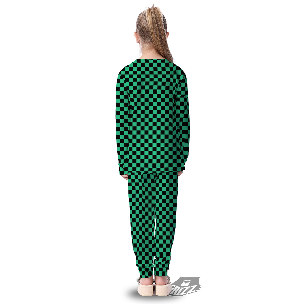 Checkered Black And Green Print Pattern Kid's Pajamas-grizzshop