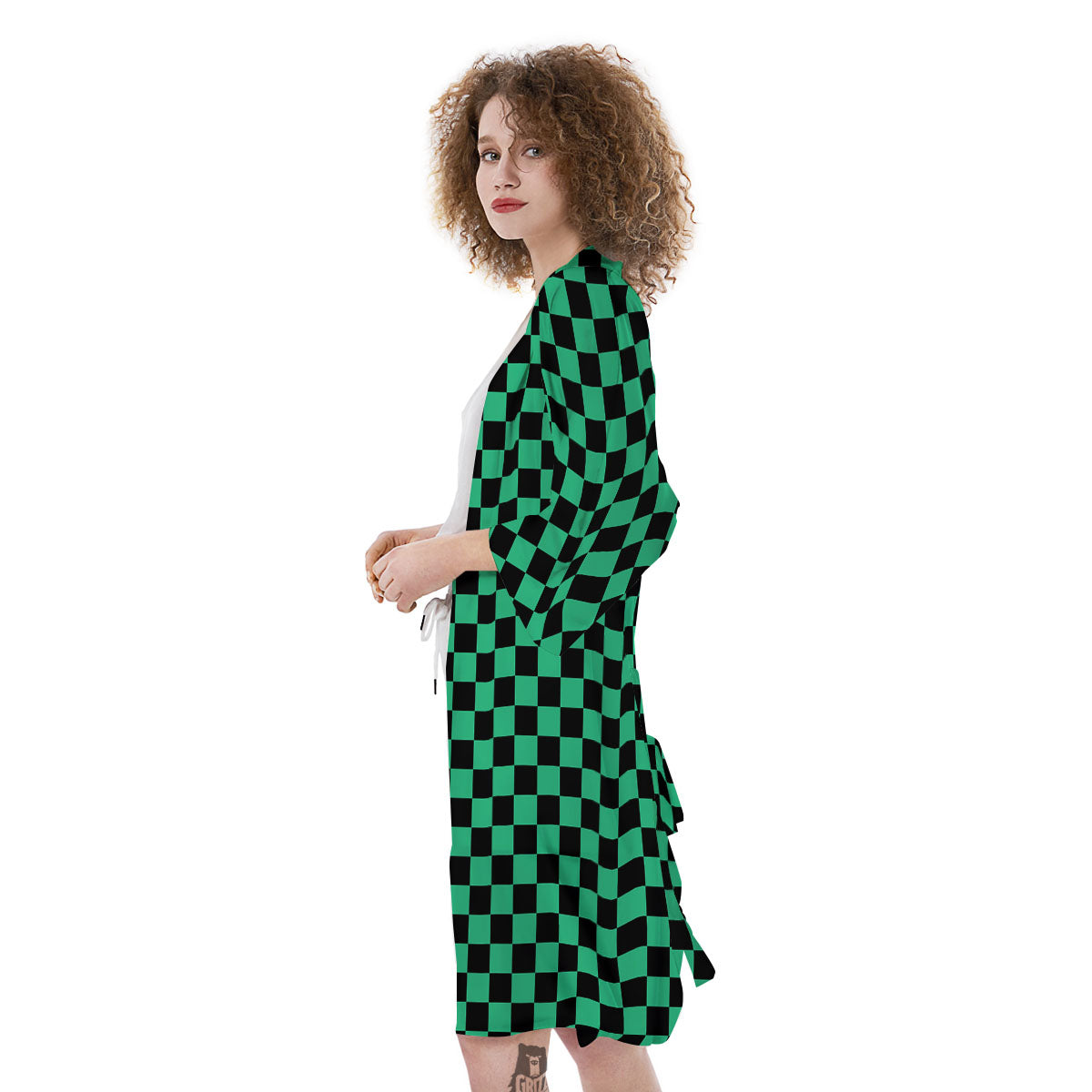 Checkered Black And Green Print Pattern Kimono-grizzshop