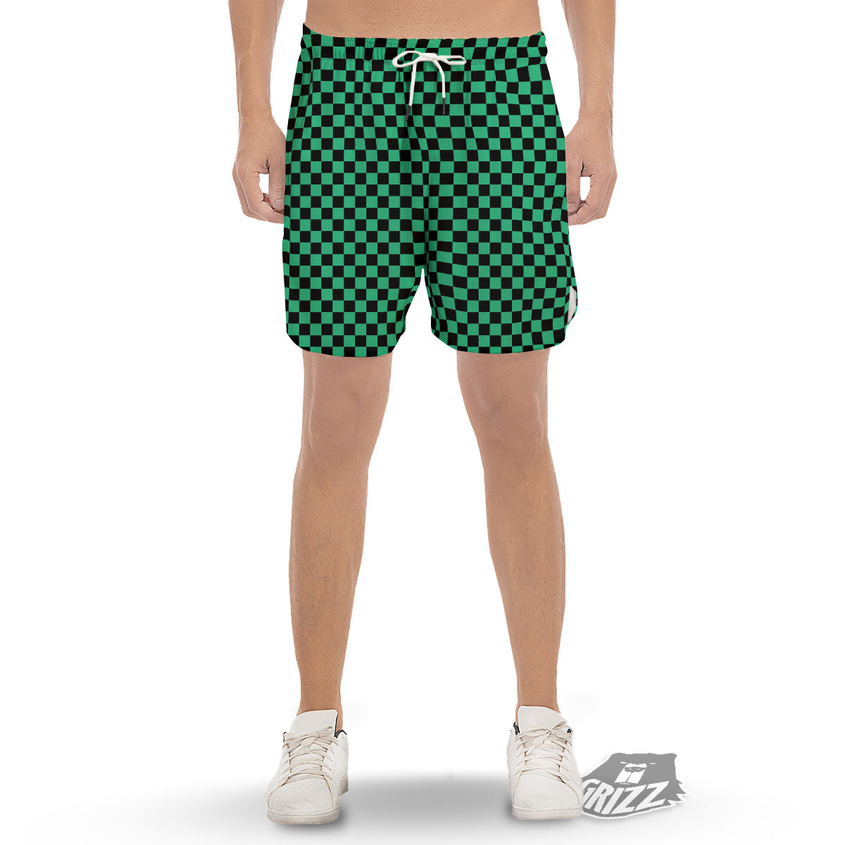 Checkered Black And Green Print Pattern Men's Gym Shorts-grizzshop