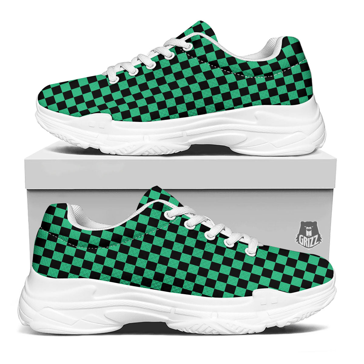 Checkered Black And Green Print Pattern White Chunky Shoes-grizzshop