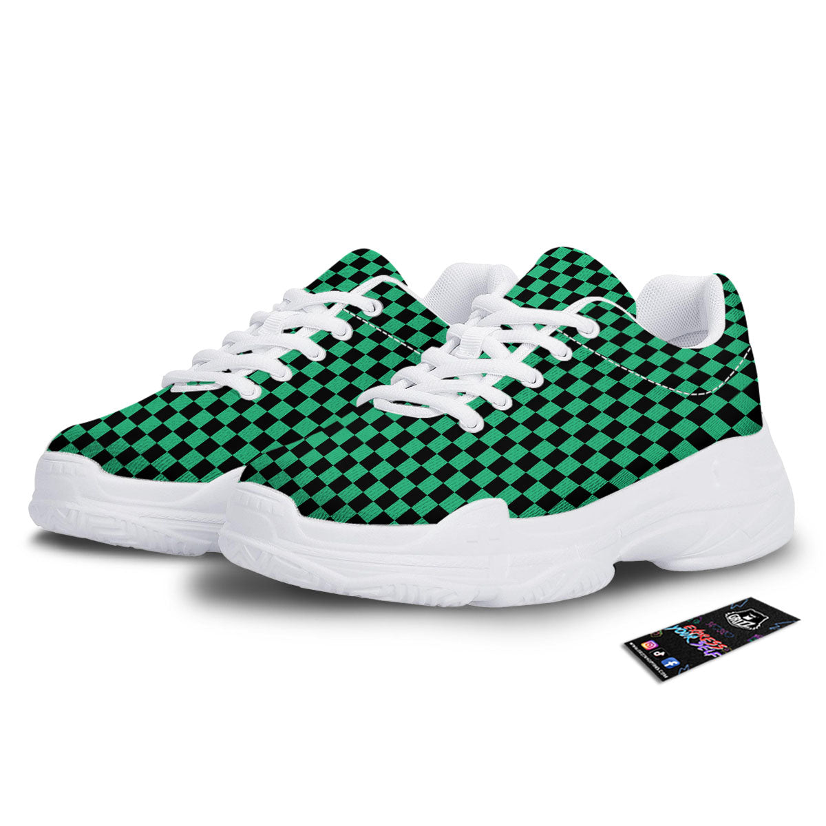Checkered Black And Green Print Pattern White Chunky Shoes-grizzshop